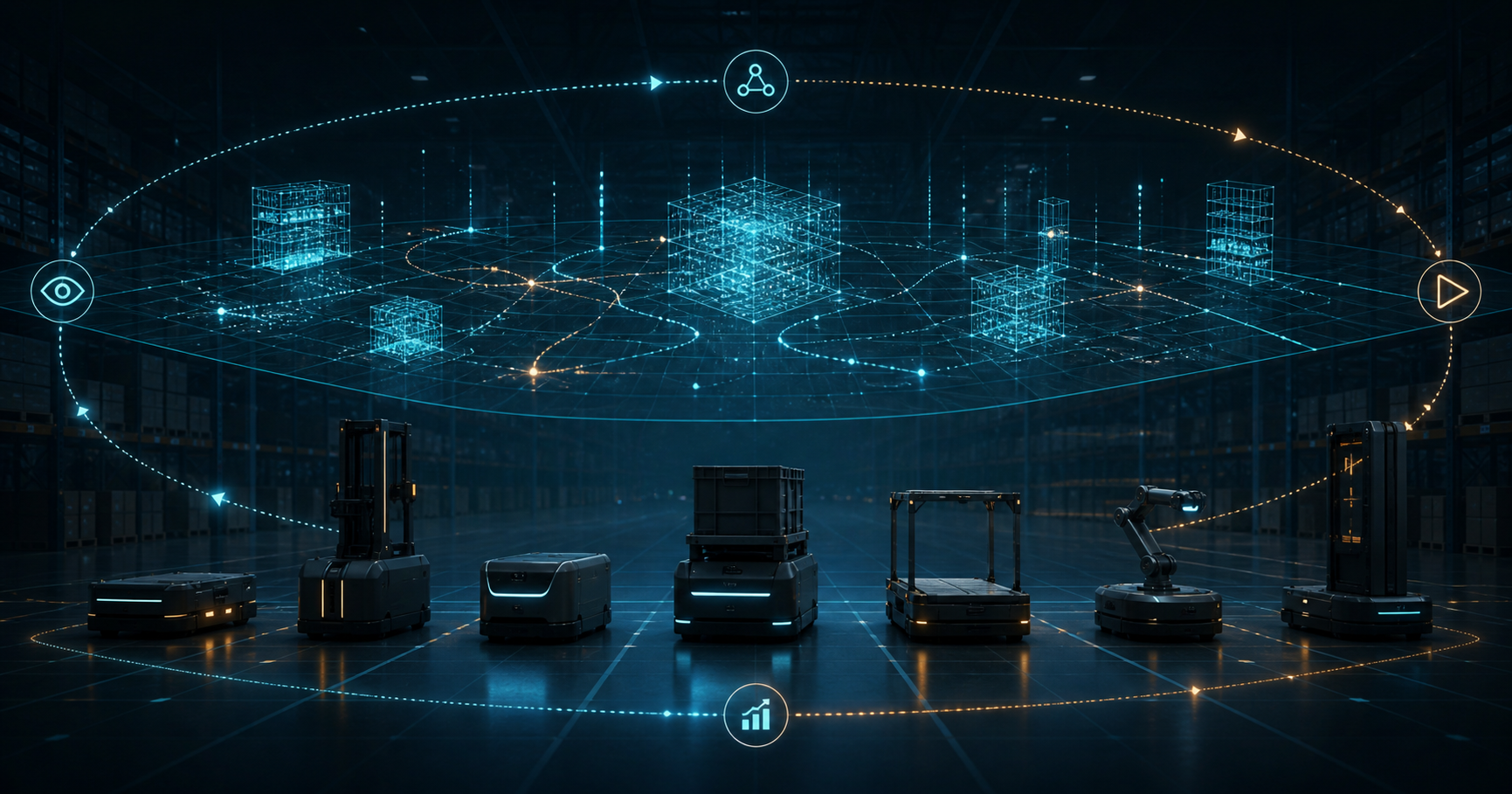 Heterogeneous warehouse robots beneath a persistent operational-intelligence layer and continuous evidence loop.