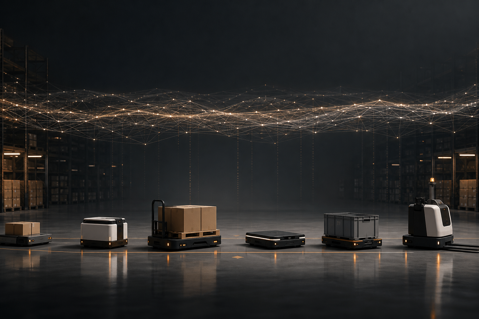 A changing mix of warehouse robots beneath a persistent connected operational intelligence field